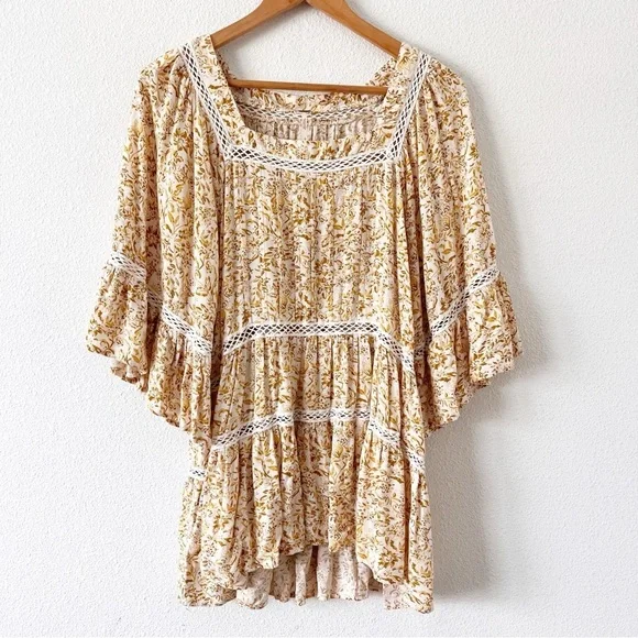 Free People Talk About It Lattice Trim Boho Floral Pintuck Yellow - Picture 2 of 9